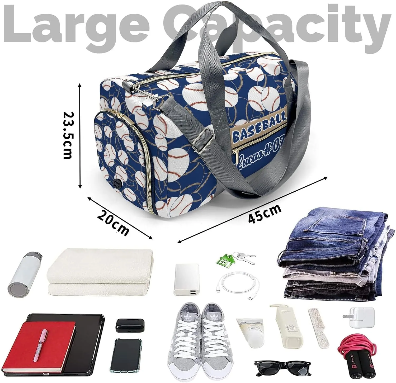 Personalized Name Sports Player Duffel Bags with Ventilation Holes for Shoes Baseball Gold Navy Bags