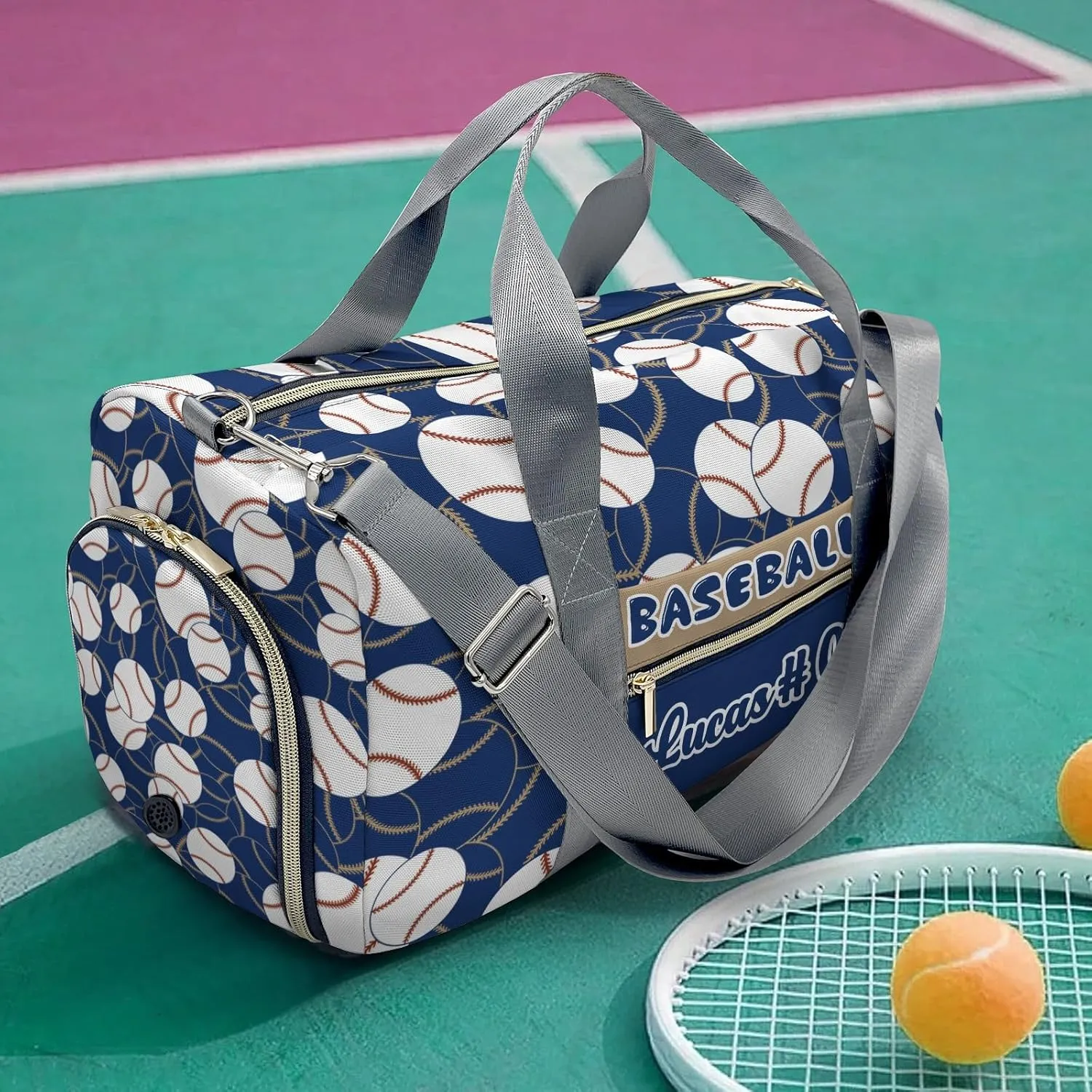 Personalized Name Sports Player Duffel Bags with Ventilation Holes for Shoes Baseball Gold Navy Bags