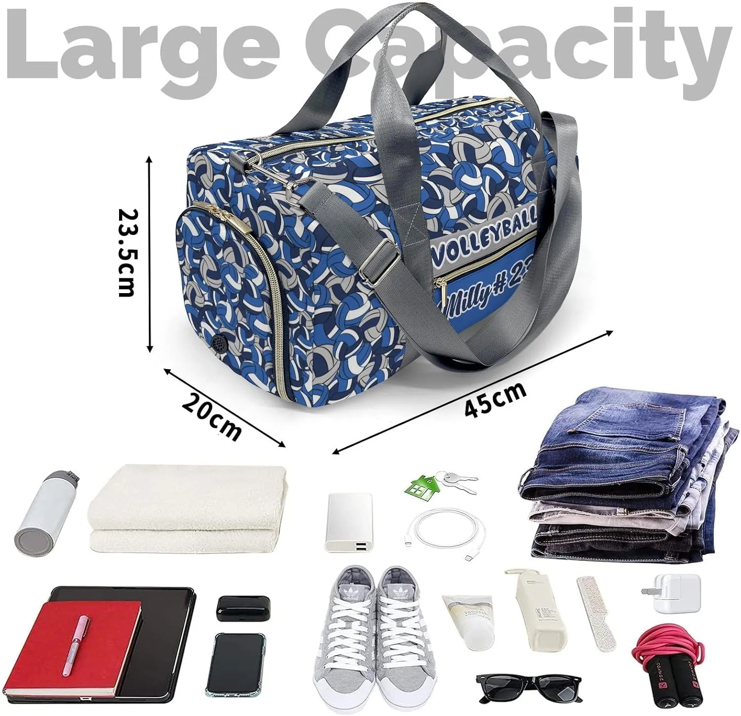Personalized Name Sports Player Duffel Bags with Ventilation Holes for Shoes Blue Navy Gray Volleyball Bags