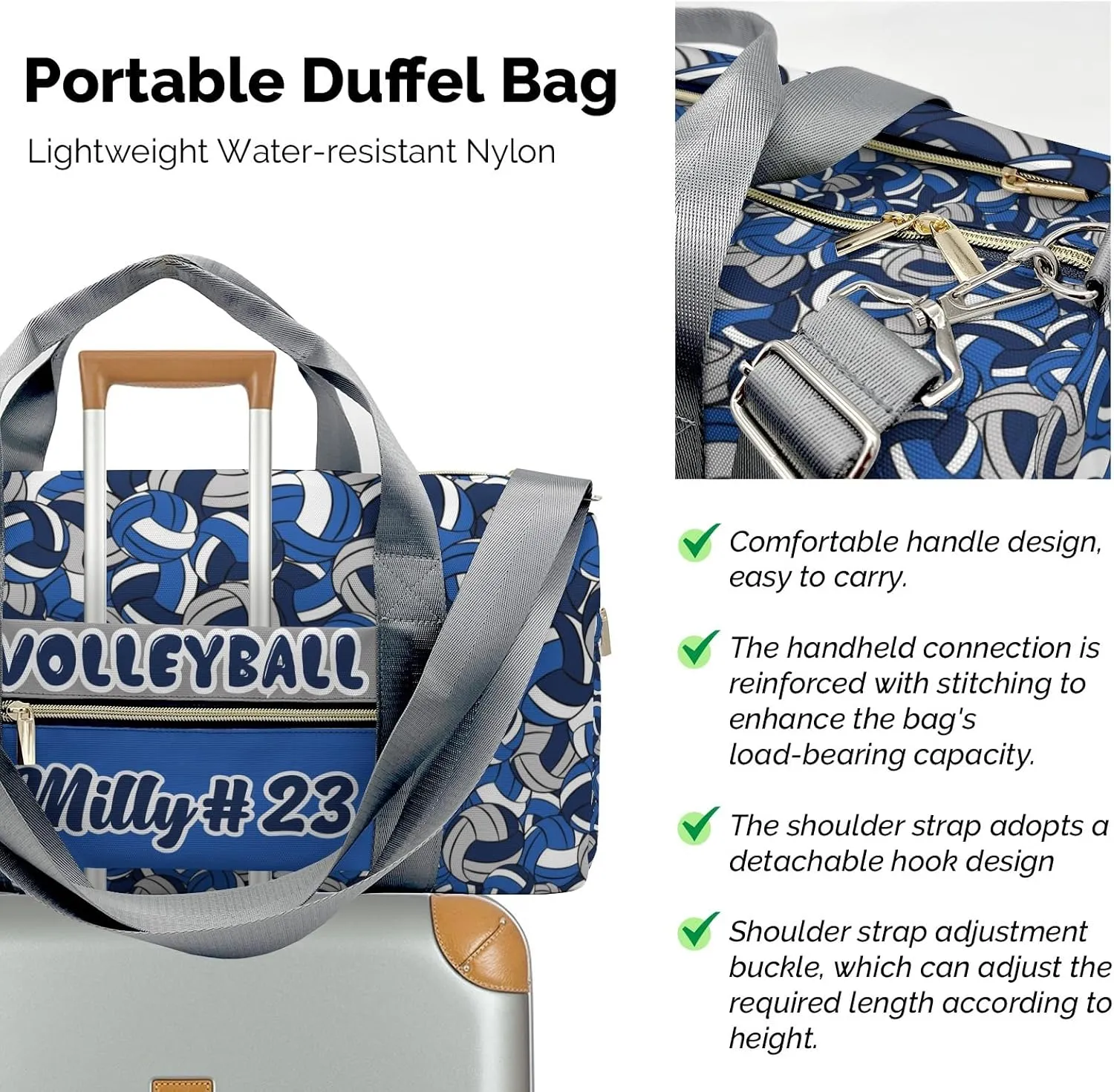 Personalized Name Sports Player Duffel Bags with Ventilation Holes for Shoes Blue Navy Gray Volleyball Bags