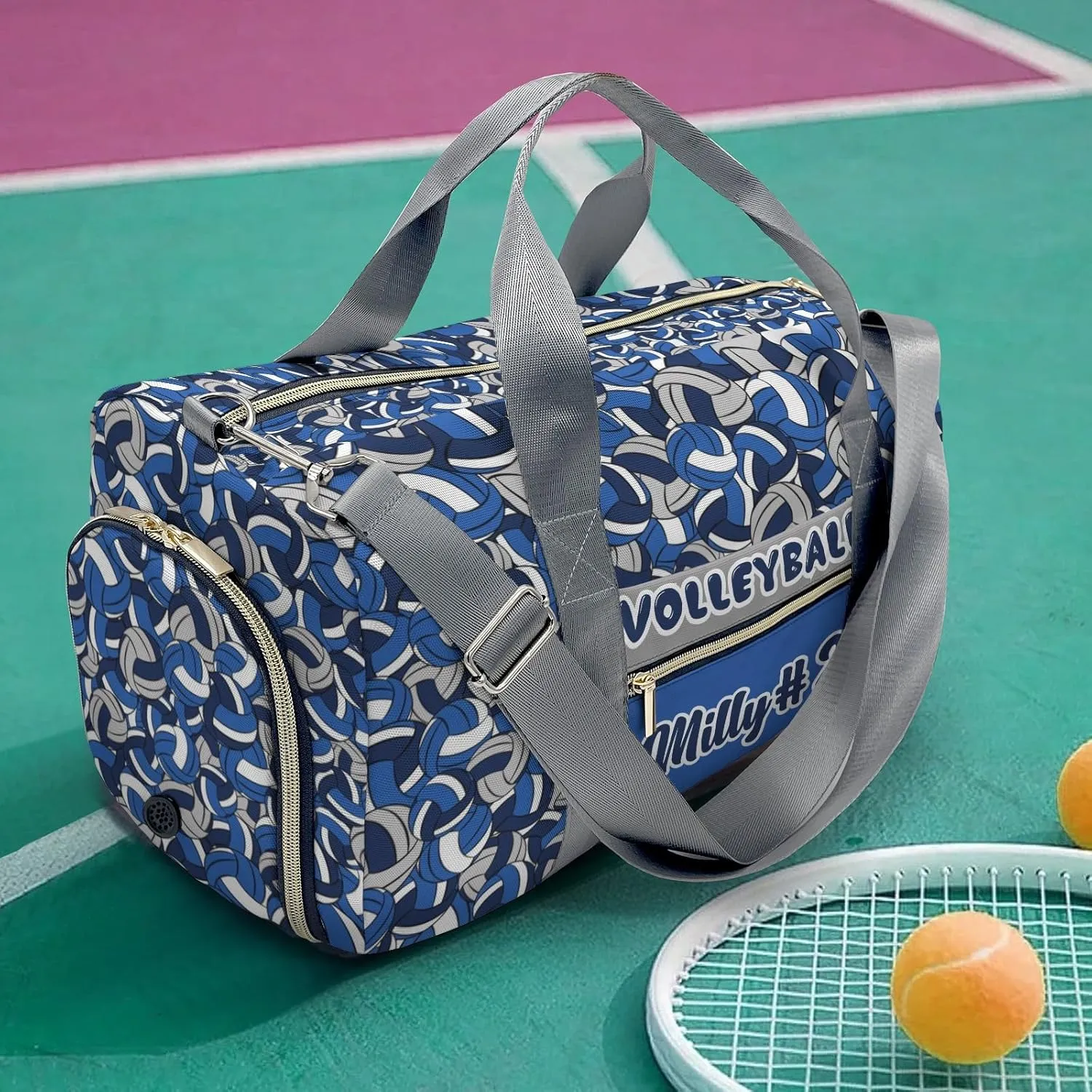 Personalized Name Sports Player Duffel Bags with Ventilation Holes for Shoes Blue Navy Gray Volleyball Bags