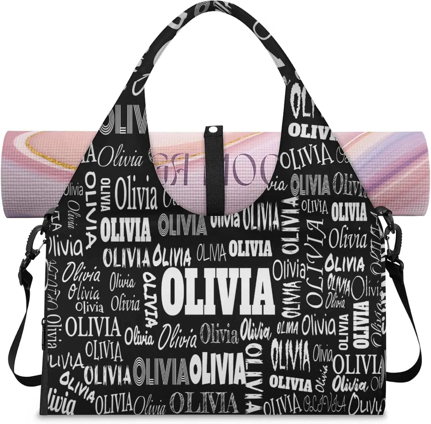 Personalized Yoga Mat Bag with Shoe Compartment, Custom Names Travel Tote Sport Gym Pilates Duffel Bag for Women