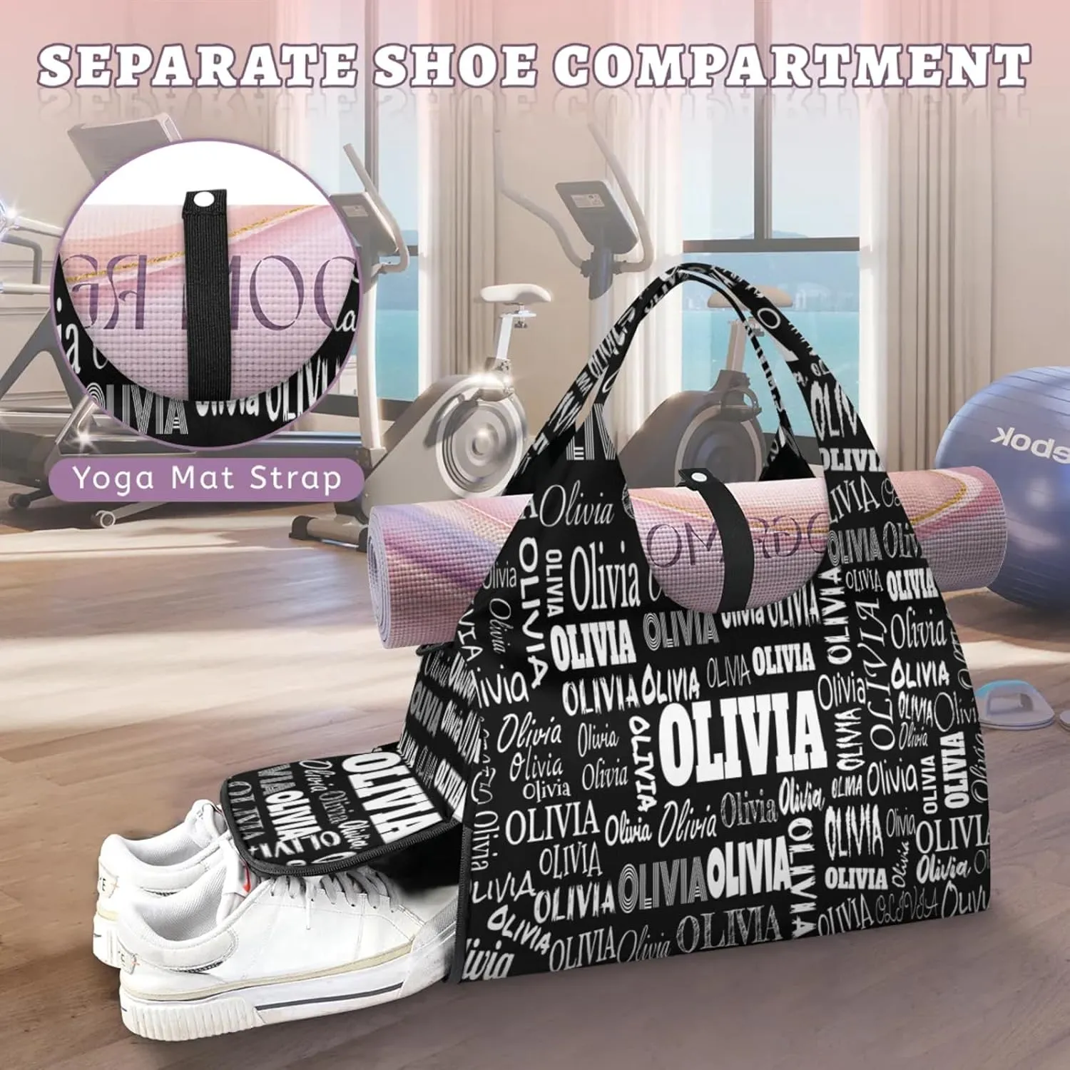 Personalized Yoga Mat Bag with Shoe Compartment, Custom Names Travel Tote Sport Gym Pilates Duffel Bag for Women