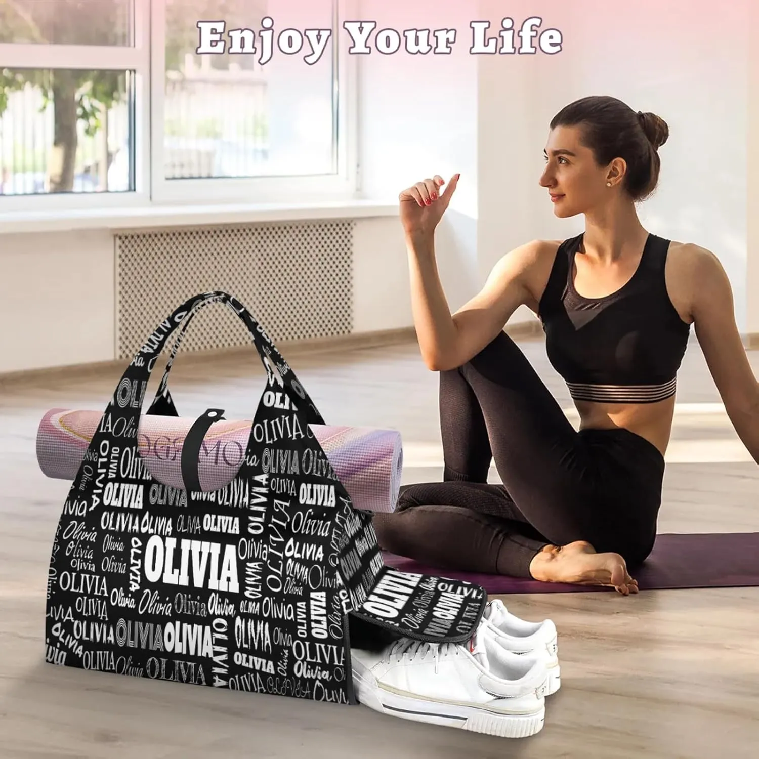 Personalized Yoga Mat Bag with Shoe Compartment, Custom Names Travel Tote Sport Gym Pilates Duffel Bag for Women