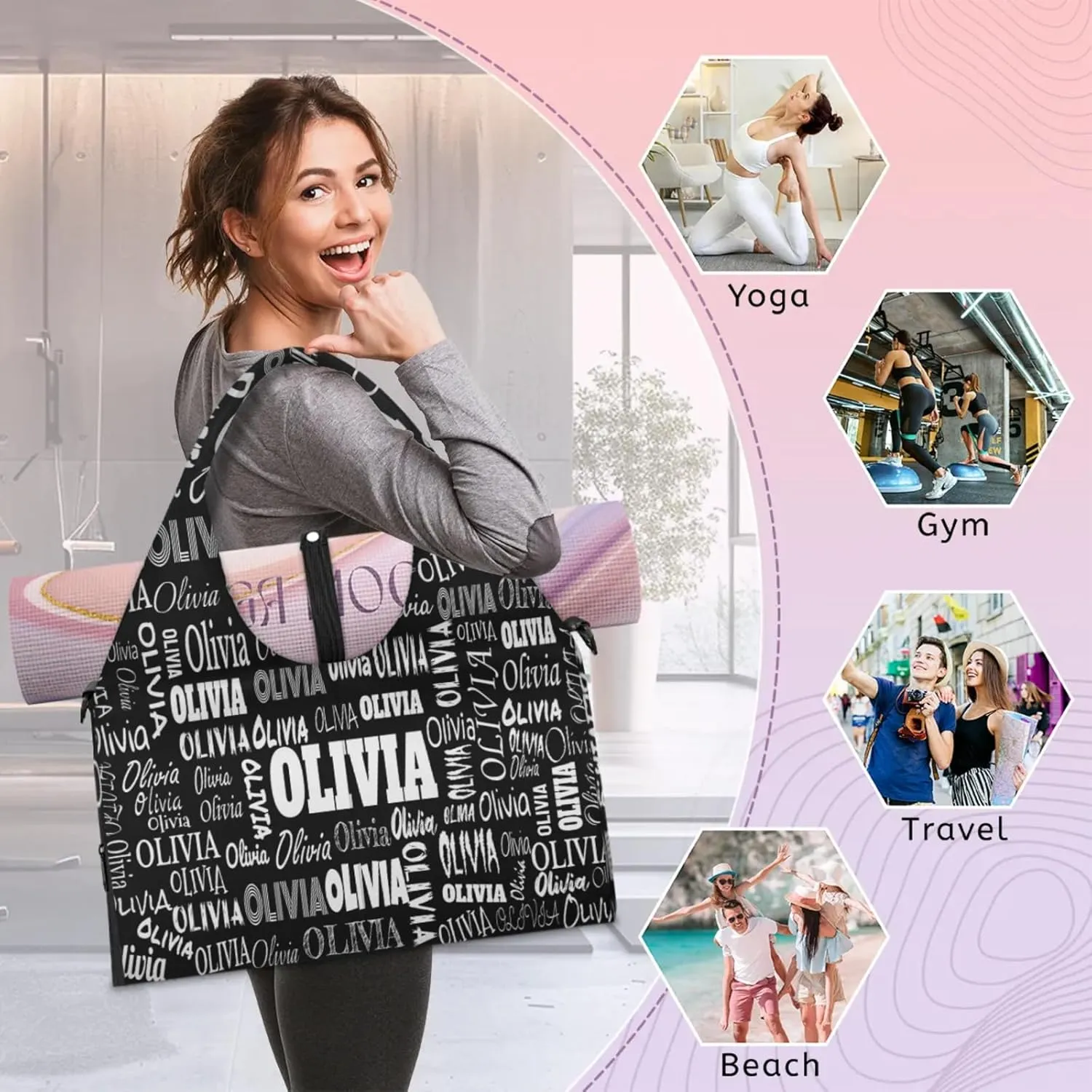 Personalized Yoga Mat Bag with Shoe Compartment, Custom Names Travel Tote Sport Gym Pilates Duffel Bag for Women