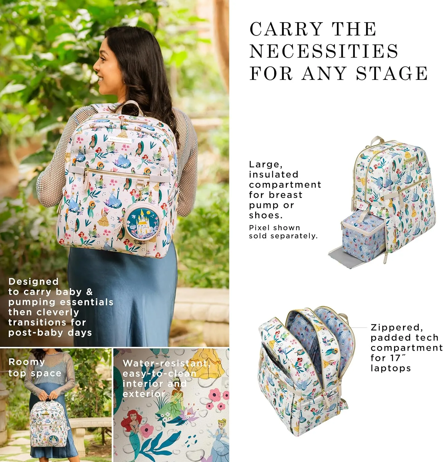 Petunia Pickle Bottom 2-in-1 Provisions Breast Pump & Diaper Bag, Designed for Busy Parents, Spacious Main Compartment, Disney Princess Courage & Kindness