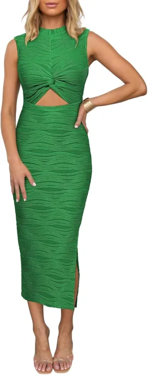 Pink Queen Sexy Sleeveless Cutout Bodycon Dress for Women 2024 Crewneck Twist Ruched Fitted Slit Knit Cocktail Party Outfits