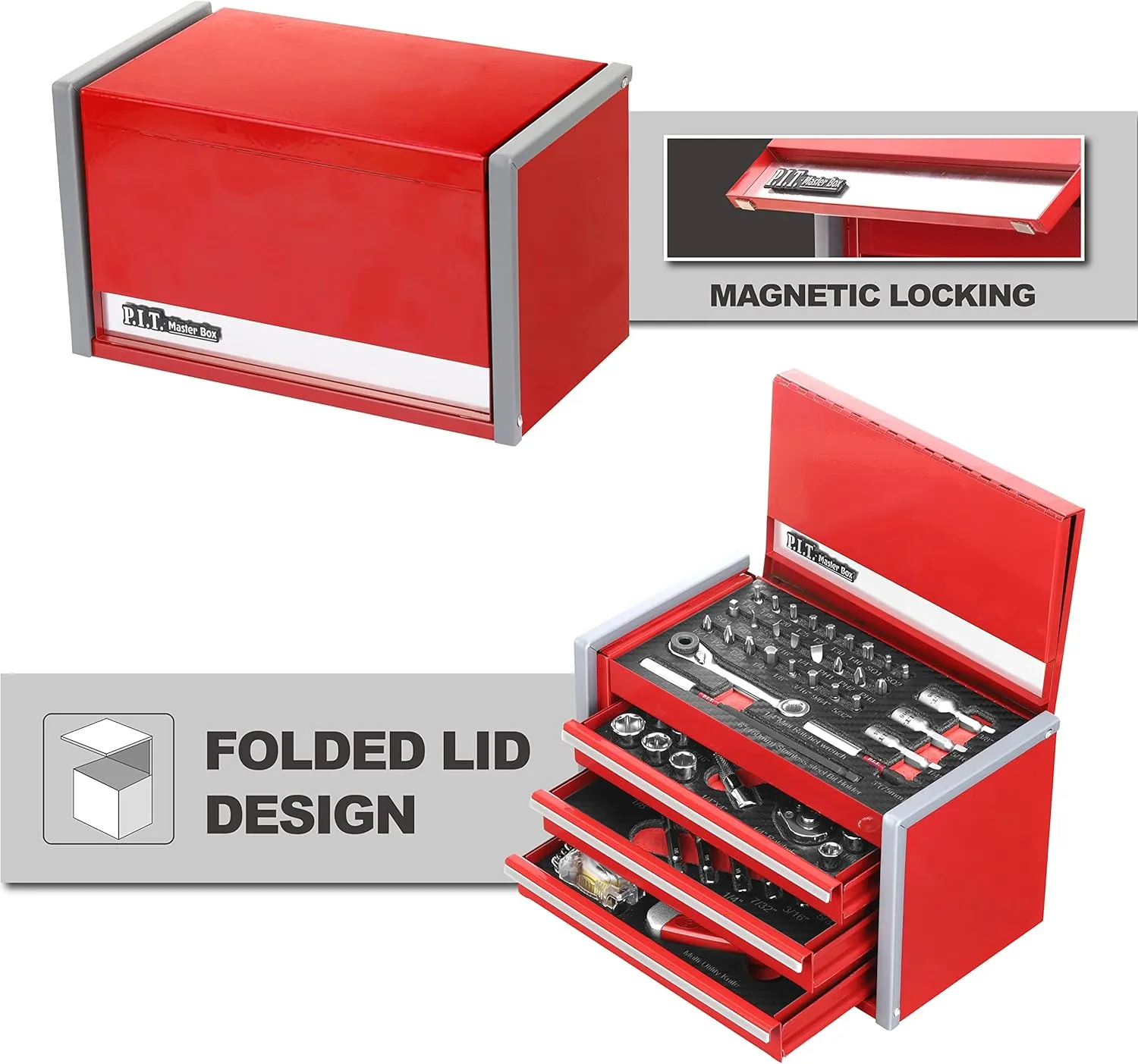 P.I.T. Portable 3 Drawer Steel Tool Box with 61-Pieces Mechanics Tool Set,Magnetic Locking, Red Hand Carry Tool Cases for Hand Tools Repair Tool Kit