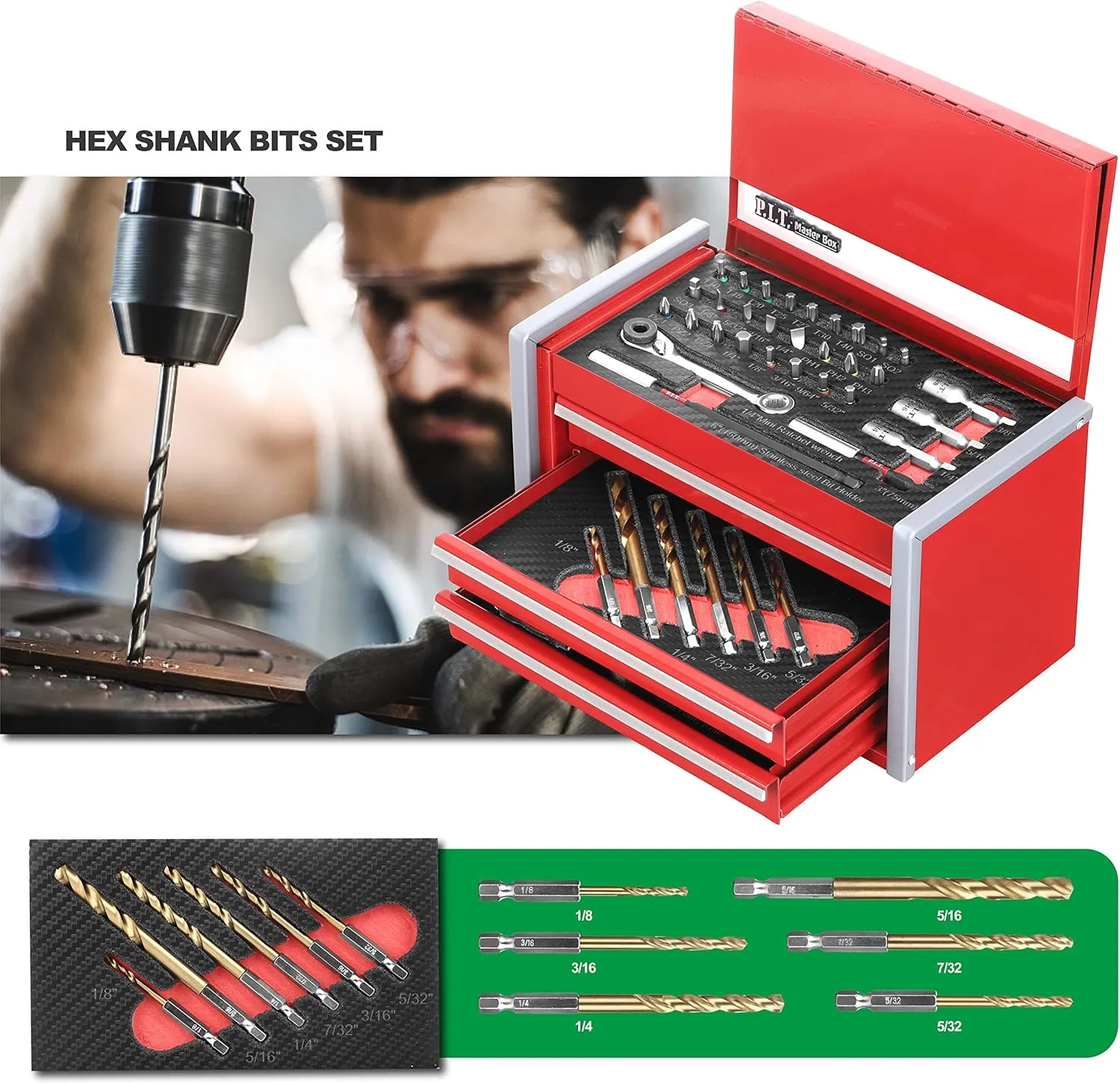 P.I.T. Portable 3 Drawer Steel Tool Box with 61-Pieces Mechanics Tool Set,Magnetic Locking, Red Hand Carry Tool Cases for Hand Tools Repair Tool Kit