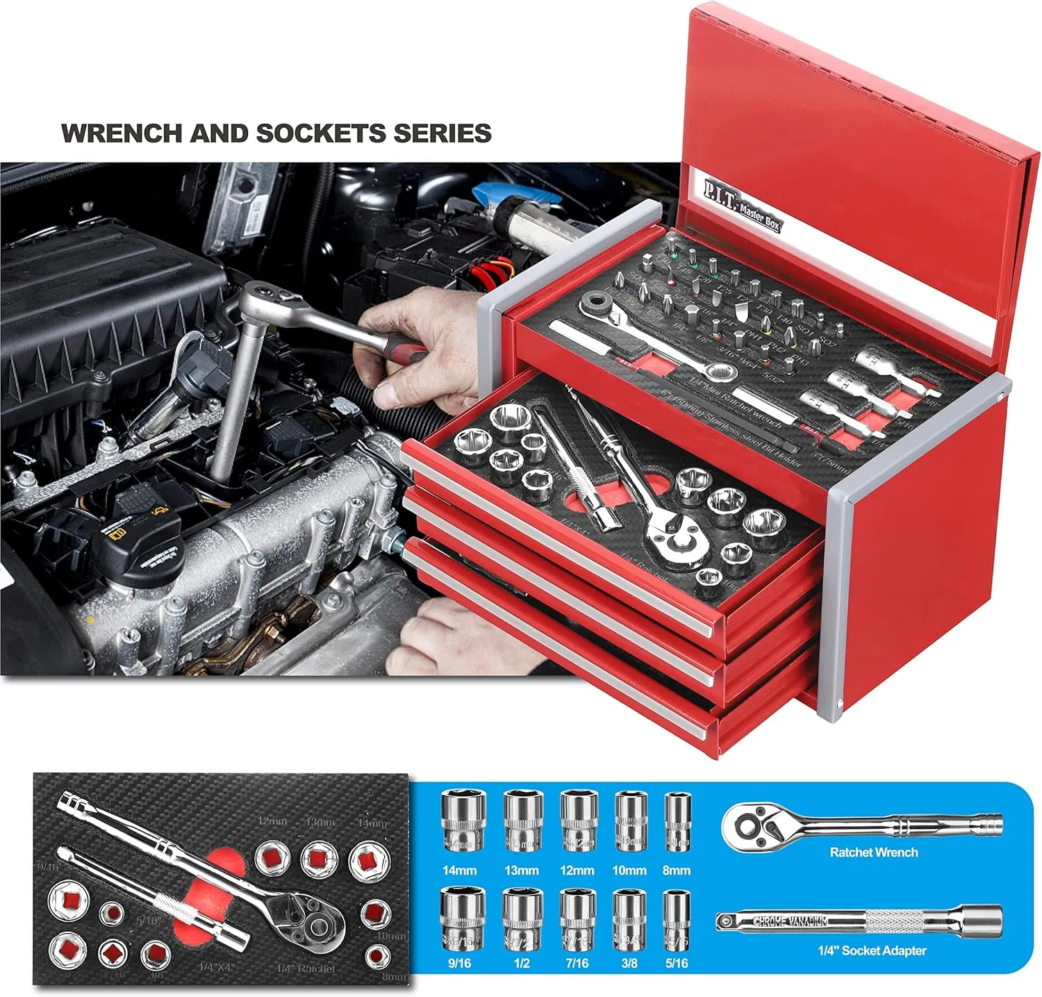P.I.T. Portable 3 Drawer Steel Tool Box with 61-Pieces Mechanics Tool Set,Magnetic Locking, Red Hand Carry Tool Cases for Hand Tools Repair Tool Kit