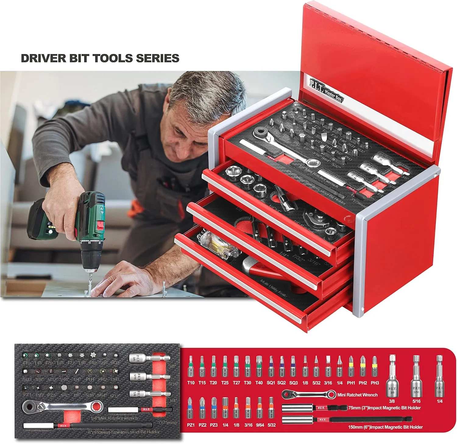 P.I.T. Portable 3 Drawer Steel Tool Box with 61-Pieces Mechanics Tool Set,Magnetic Locking, Red Hand Carry Tool Cases for Hand Tools Repair Tool Kit