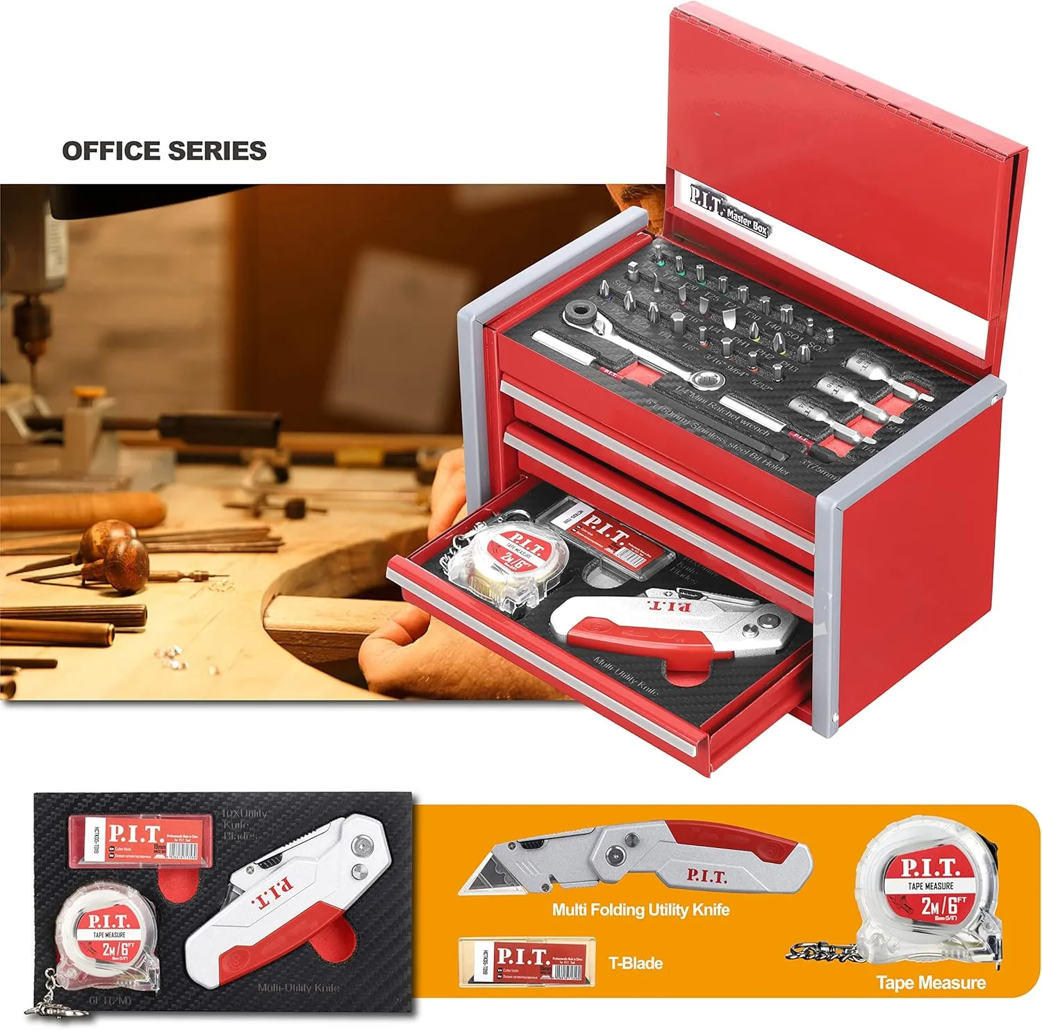 P.I.T. Portable 3 Drawer Steel Tool Box with 61-Pieces Mechanics Tool Set,Magnetic Locking, Red Hand Carry Tool Cases for Hand Tools Repair Tool Kit
