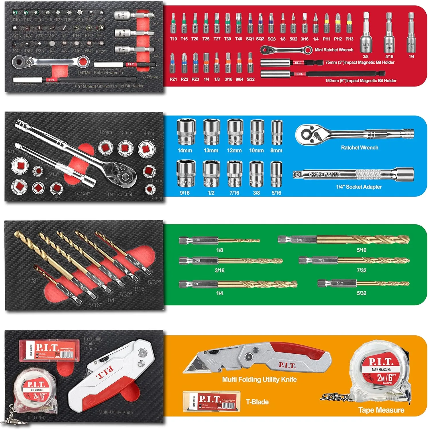 P.I.T. Portable 3 Drawer Steel Tool Box with 61-Pieces Mechanics Tool Set,Magnetic Locking, Red Hand Carry Tool Cases for Hand Tools Repair Tool Kit