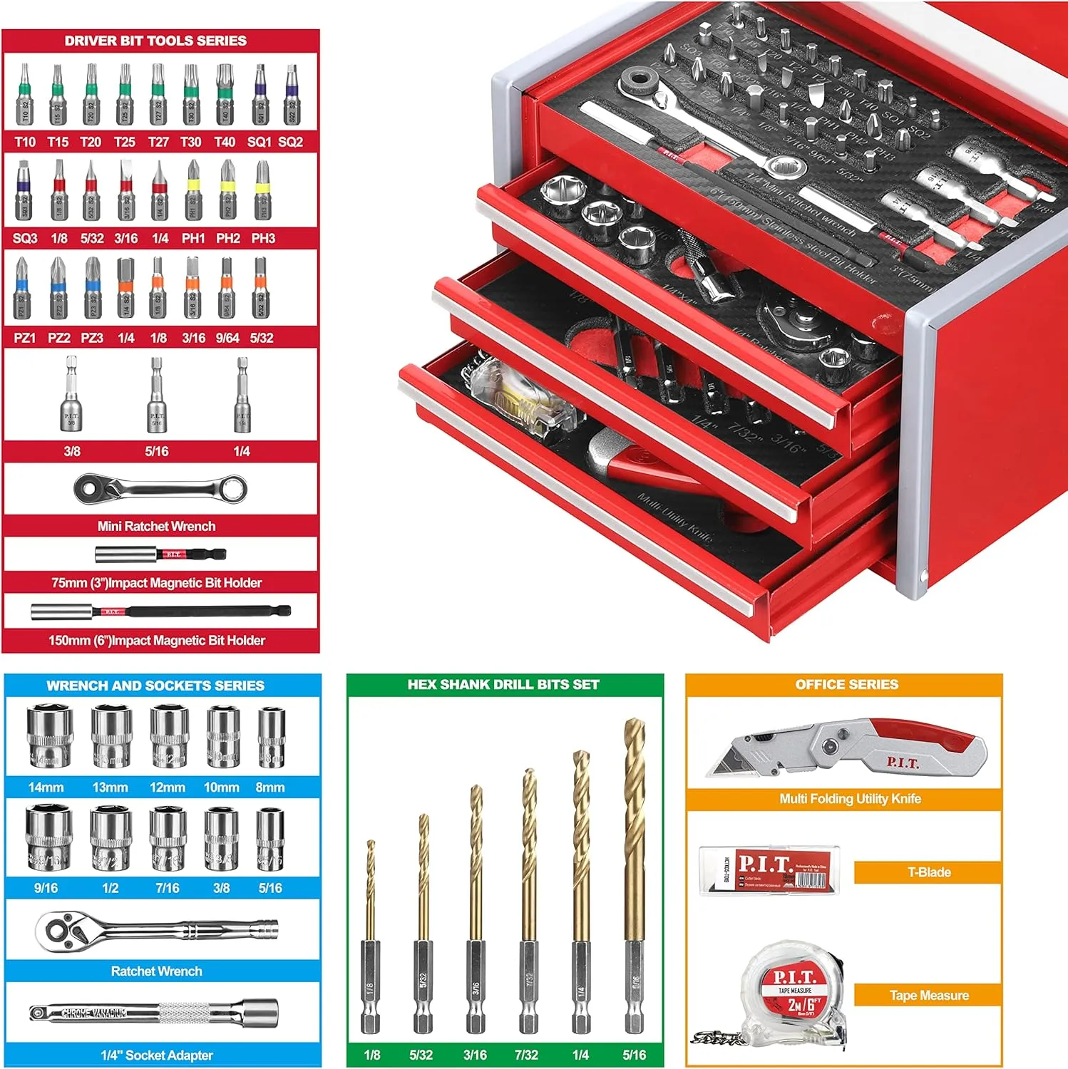 P.I.T. Portable 3 Drawer Steel Tool Box with 61-Pieces Mechanics Tool Set,Magnetic Locking, Red Hand Carry Tool Cases for Hand Tools Repair Tool Kit