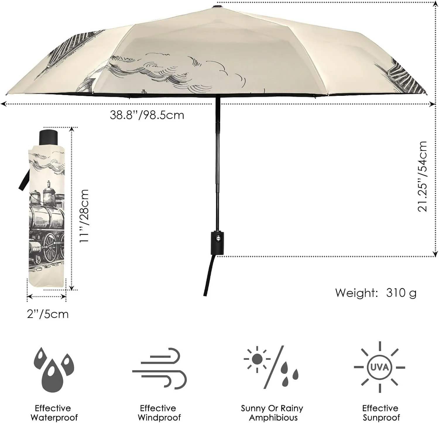 Poeticcity Automatic Folding Umbrella, Auto Open/Close Anti-UV 3 Folds Parasol, Compact Windproof Strong Umbrellas for Travel Sun & Rain
