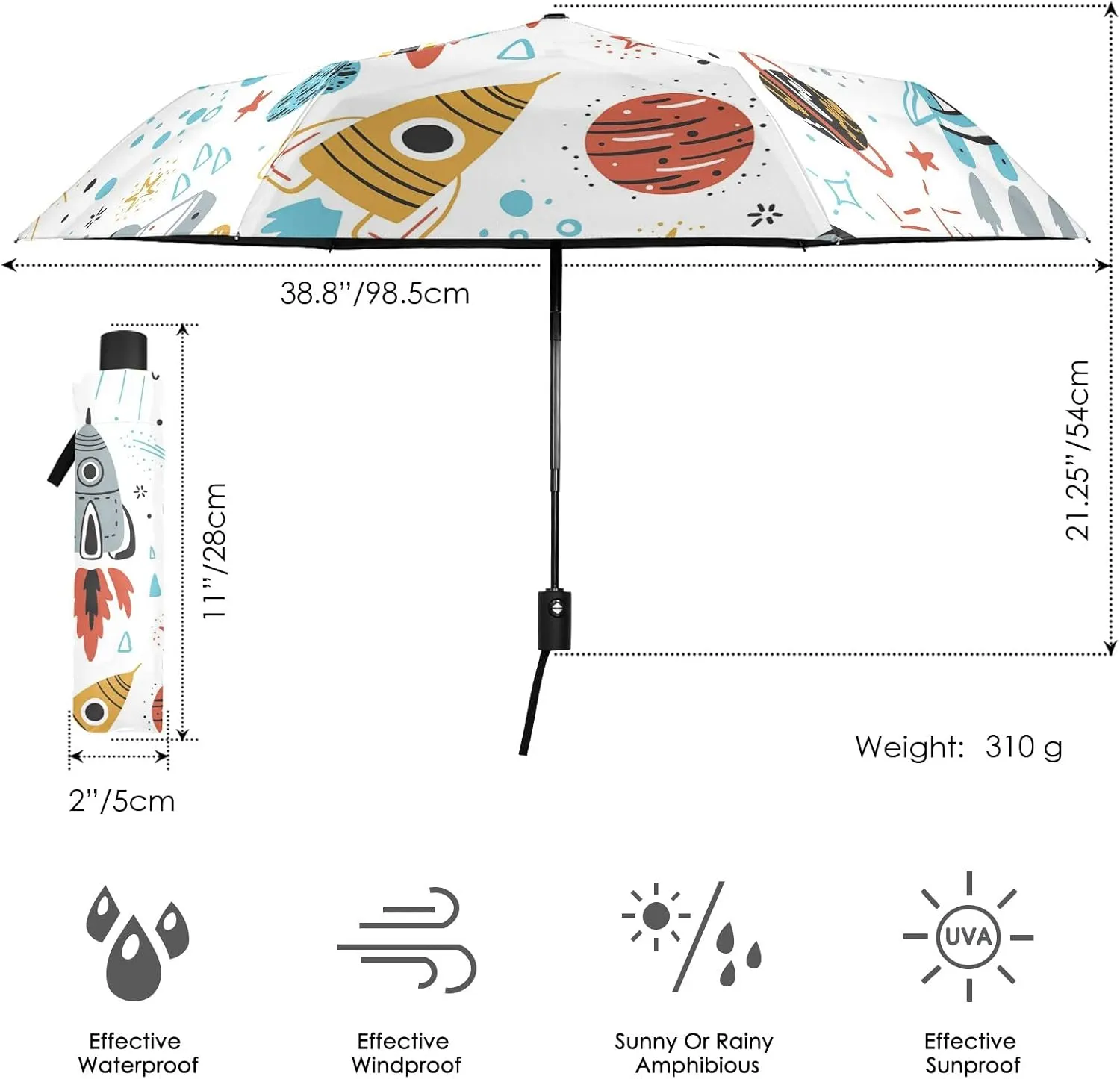 Poeticcity Automatic Folding Umbrella, Auto Open/Close Anti-UV 3 Folds Parasol, Compact Windproof Strong Umbrellas for Travel Sun & Rain