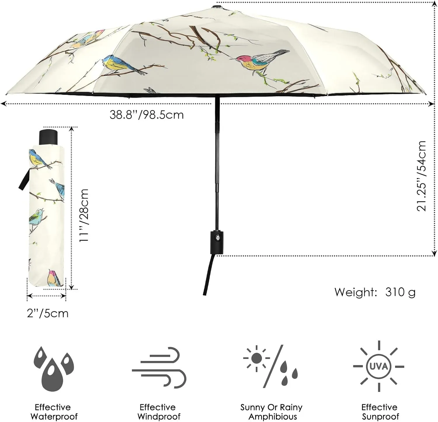 Poeticcity Automatic Folding Umbrella, Auto Open/Close Anti-UV 3 Folds Parasol, Compact Windproof Strong Umbrellas for Travel Sun & Rain