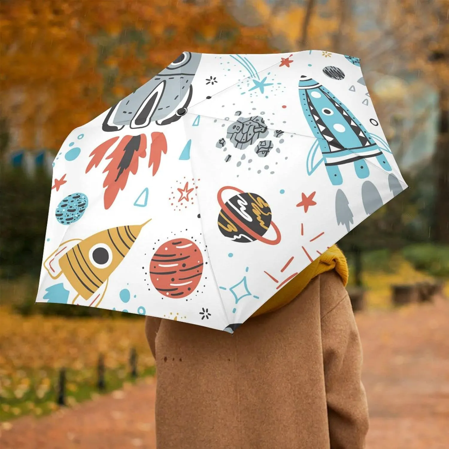 Poeticcity Automatic Folding Umbrella, Auto Open/Close Anti-UV 3 Folds Parasol, Compact Windproof Strong Umbrellas for Travel Sun & Rain