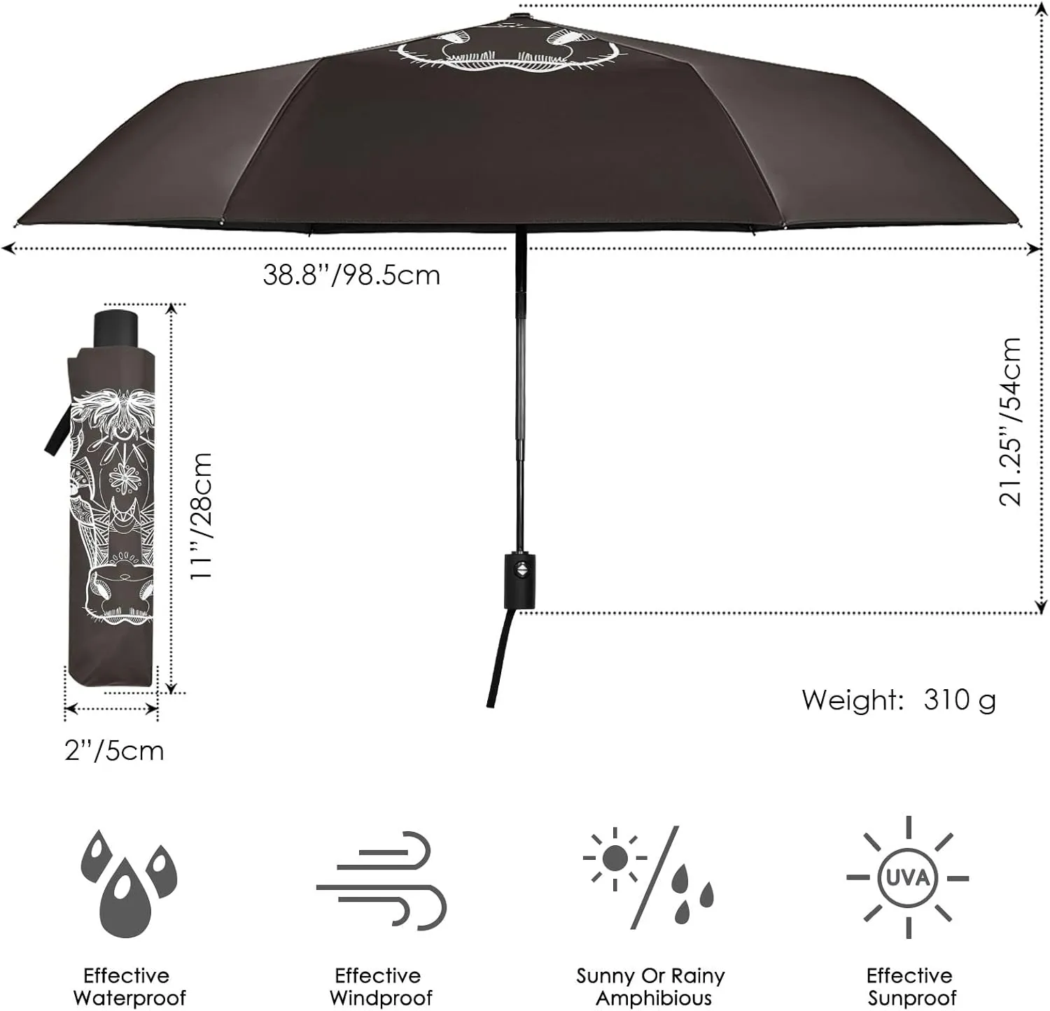 Poeticcity Automatic Folding Umbrella, Auto Open/Close Anti-UV 3 Folds Parasol, Compact Windproof Strong Umbrellas for Travel Sun & Rain