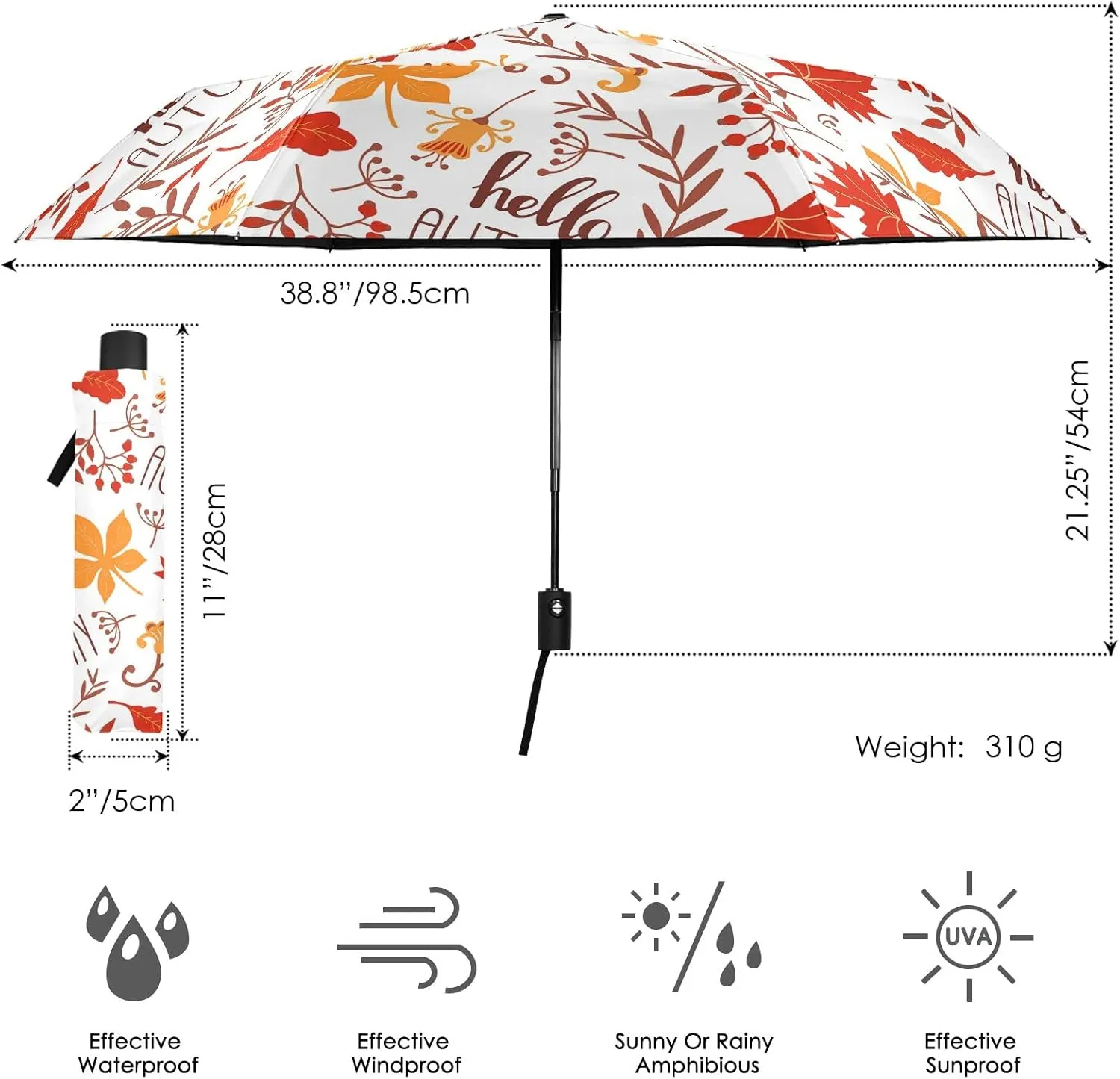 Poeticcity Automatic Folding Umbrella, Auto Open/Close Anti-UV 3 Folds Parasol, Compact Windproof Strong Umbrellas for Travel Sun & Rain