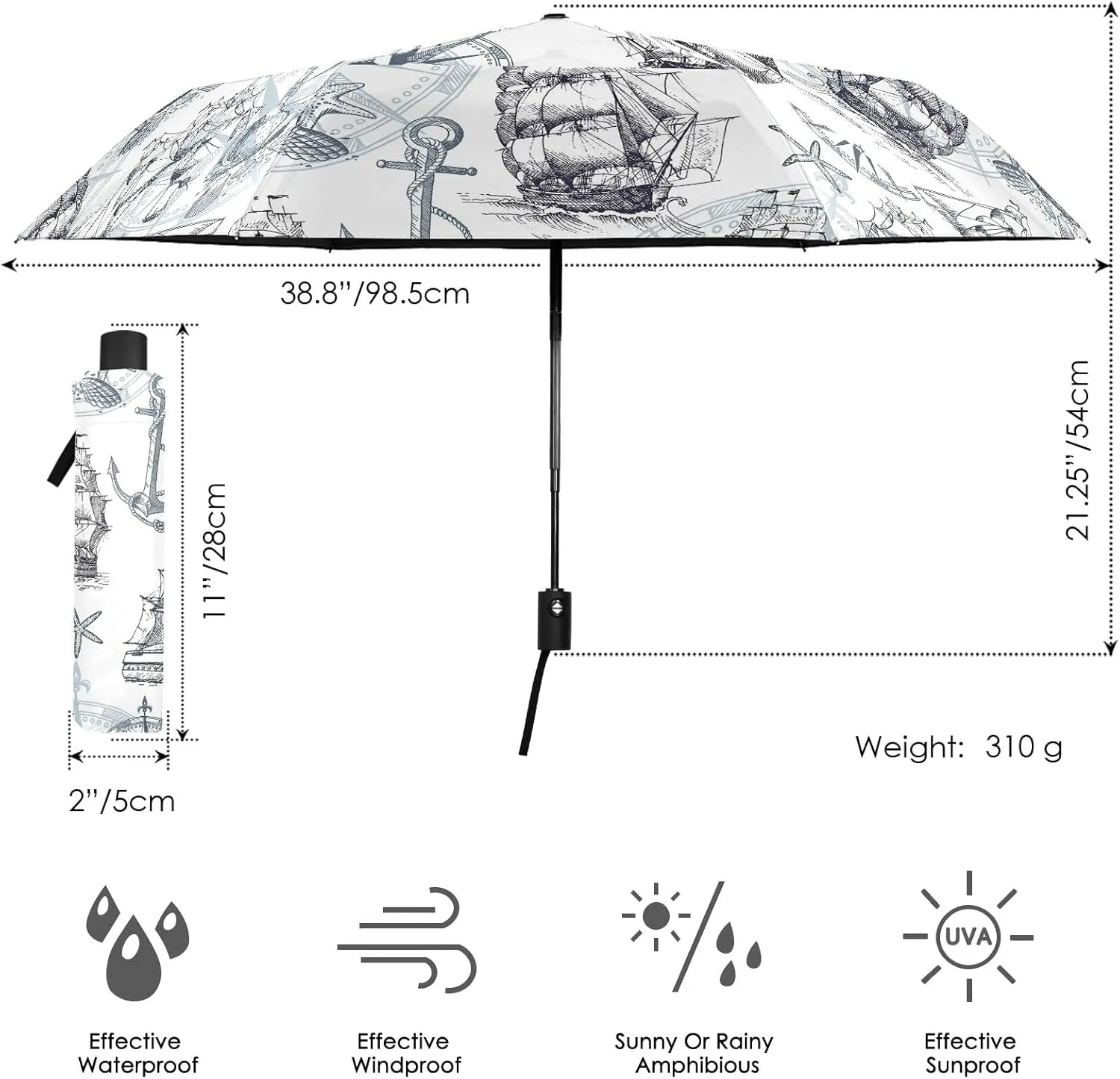 Poeticcity Automatic Folding Umbrella, Auto Open/Close Anti-UV 3 Folds Parasol, Compact Windproof Strong Umbrellas for Travel Sun & Rain