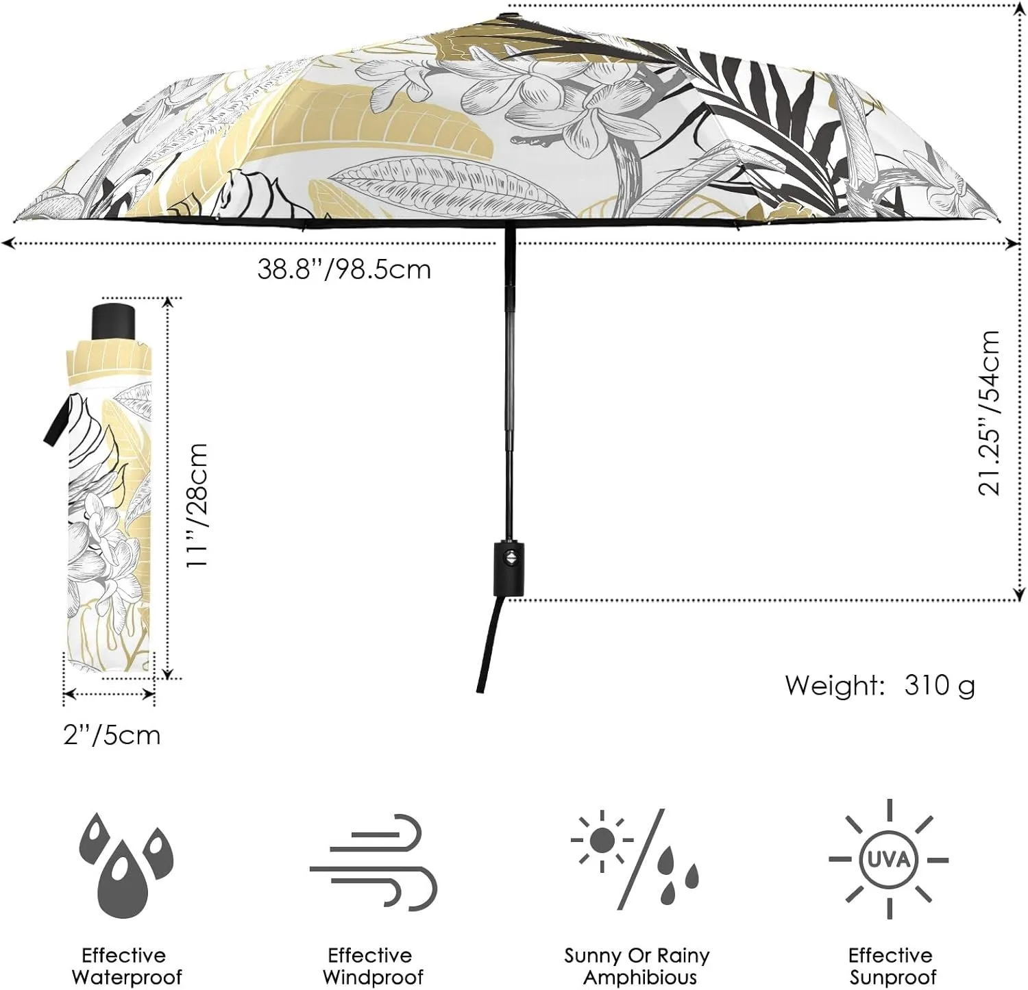 Poeticcity Automatic Folding Umbrella, Auto Open/Close Anti-UV 3 Folds Parasol, Compact Windproof Strong Umbrellas for Travel Sun & Rain