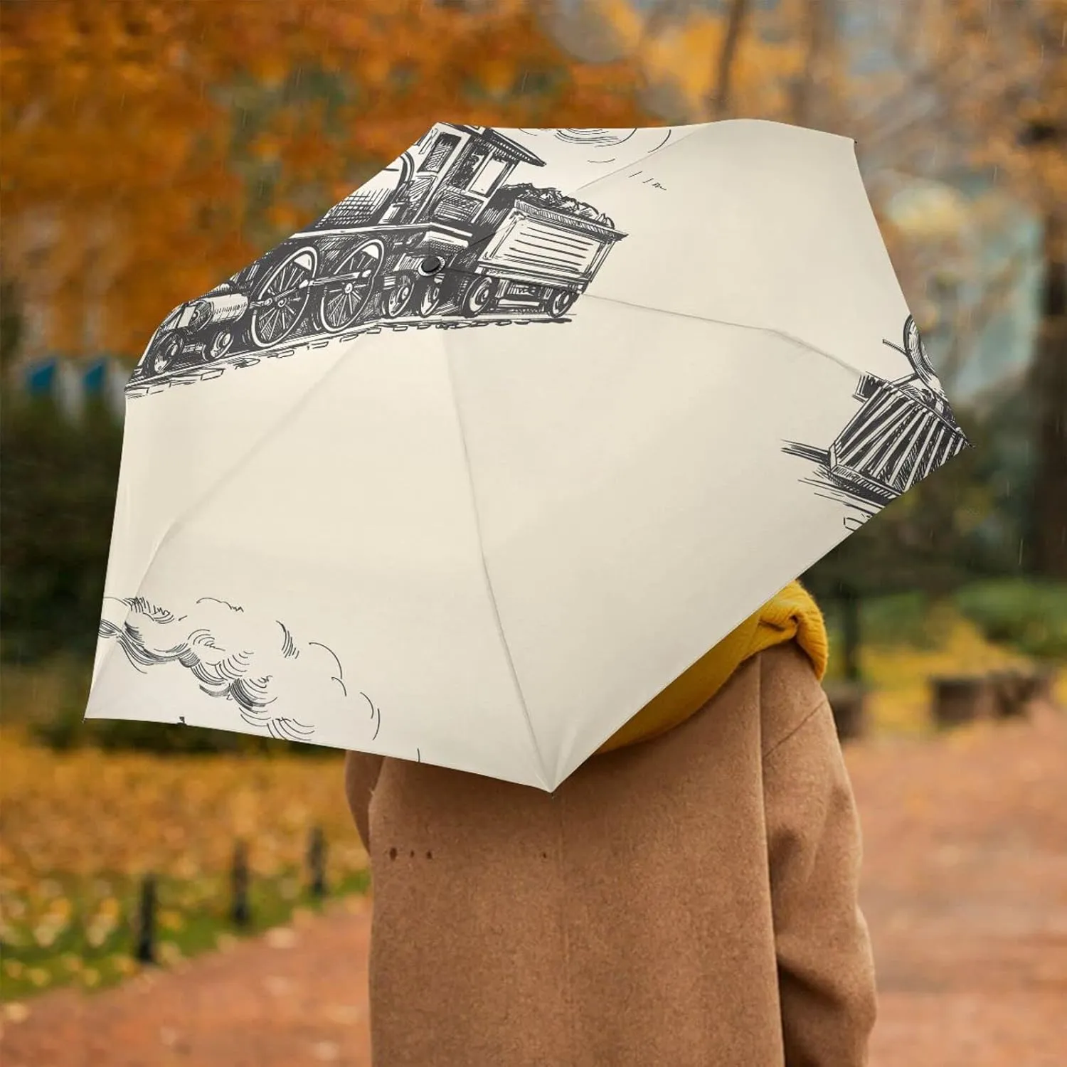 Poeticcity Automatic Folding Umbrella, Auto Open/Close Anti-UV 3 Folds Parasol, Compact Windproof Strong Umbrellas for Travel Sun & Rain