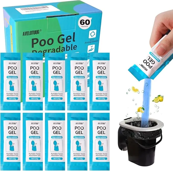 Portable Toilet Absorbent Gel Powder, 60 Pack Poo Gel for Camping Toilet Solid Waste and Urine, Eco Gel for Outdoor Recreation Hiking Fast-Acting Gel Deodorizing Treatment