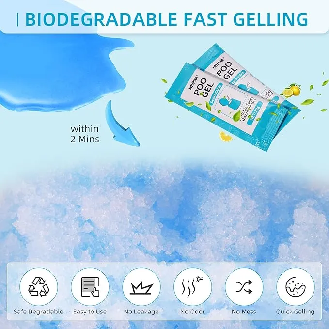 Portable Toilet Absorbent Gel Powder, 60 Pack Poo Gel for Camping Toilet Solid Waste and Urine, Eco Gel for Outdoor Recreation Hiking Fast-Acting Gel Deodorizing Treatment