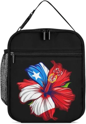 PR State Culture Roots Amapola Boricua Flag Hibiscus Lunch Bag Insulated Lunch Box Portable Lunch Tote Bag Handbags Case for Office, Work, Picnic
