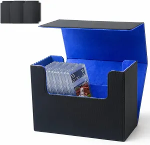 Premium Graded Card Storage Box, PU Leather Case for PSA BGS Slabs, Toploader Holder for Trading & Sports Cards Fits 3” x 4” Rigid Cards (Black&Blue)