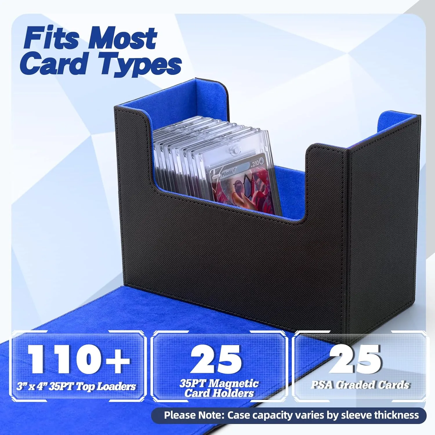 Premium Graded Card Storage Box, PU Leather Case for PSA BGS Slabs, Toploader Holder for Trading & Sports Cards Fits 3” x 4” Rigid Cards (Black&Blue)