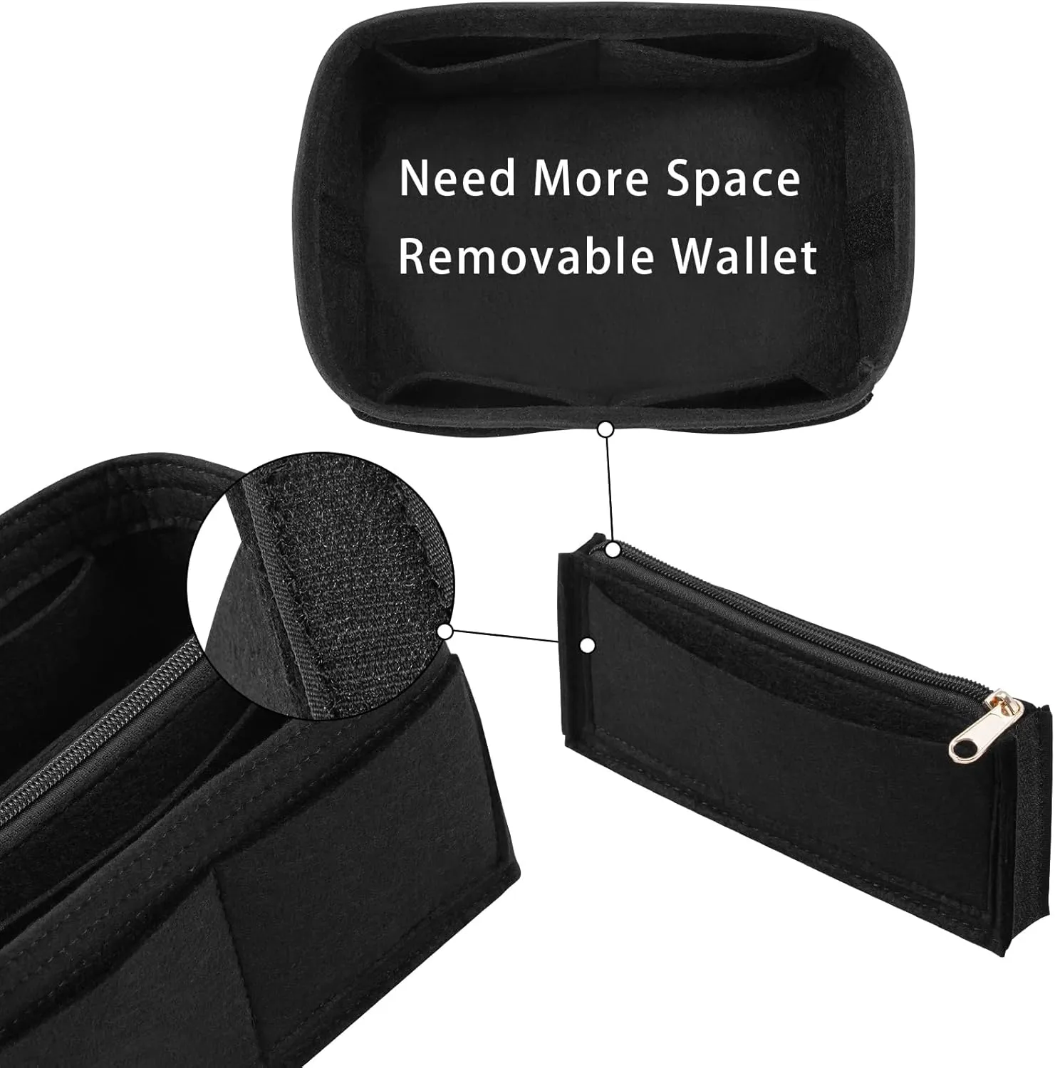 Purse Organizer Insert for LV Noe NM Bucket Bags,Tote Bag Organizer with zipper insert (Medium, Black)
