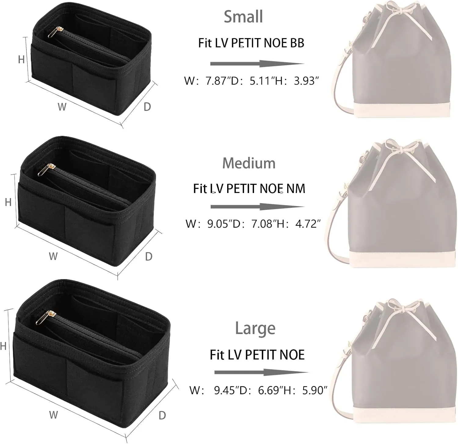 Purse Organizer Insert for LV Noe NM Bucket Bags,Tote Bag Organizer with zipper insert (Medium, Black)