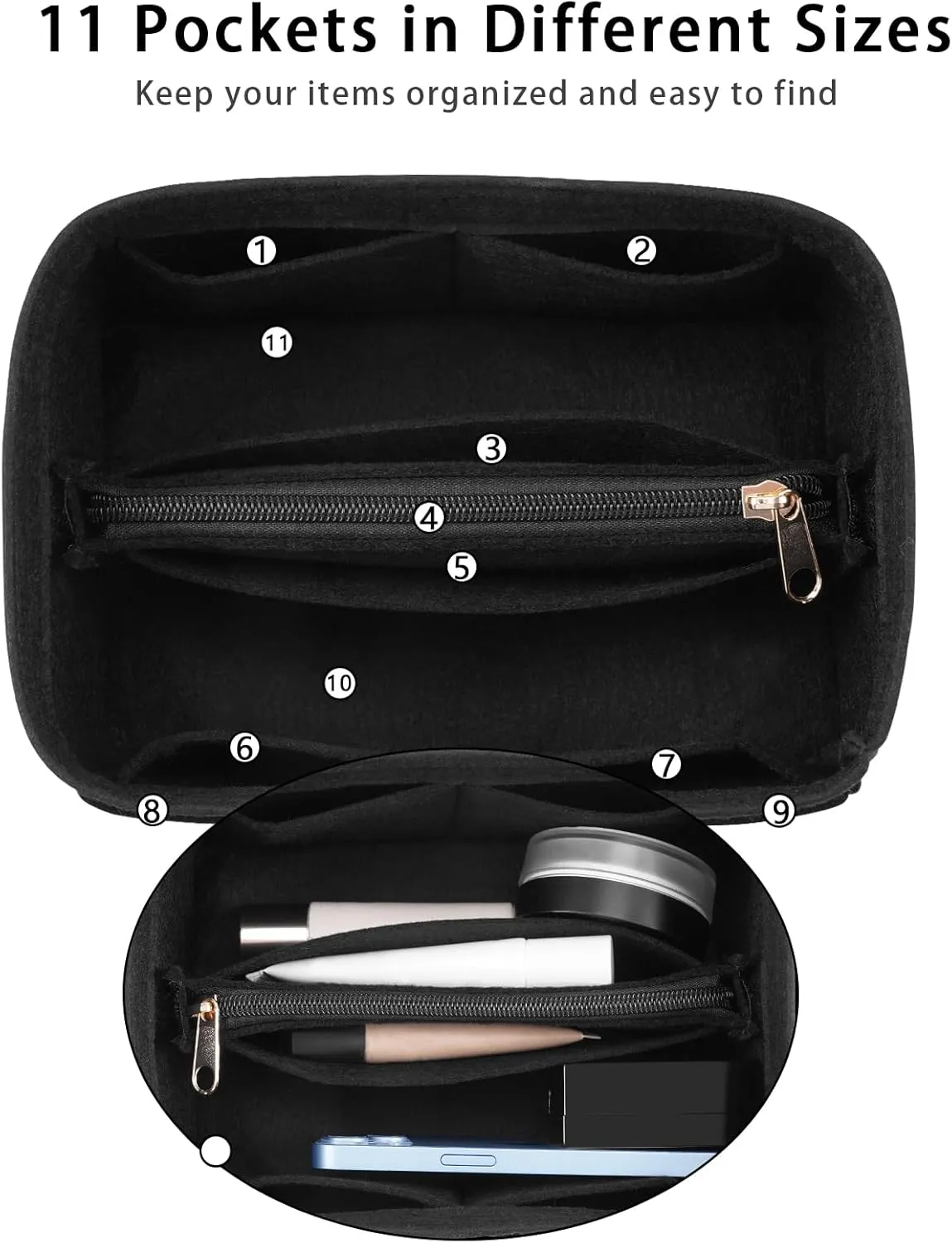 Purse Organizer Insert for LV Noe NM Bucket Bags,Tote Bag Organizer with zipper insert (Medium, Black)