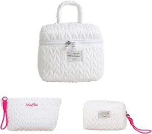 Quilted Makeup Bag Set with Handle, 3 Piece Travel Cosmetic Organizer, Large Capacity Toiletry Cases (White)