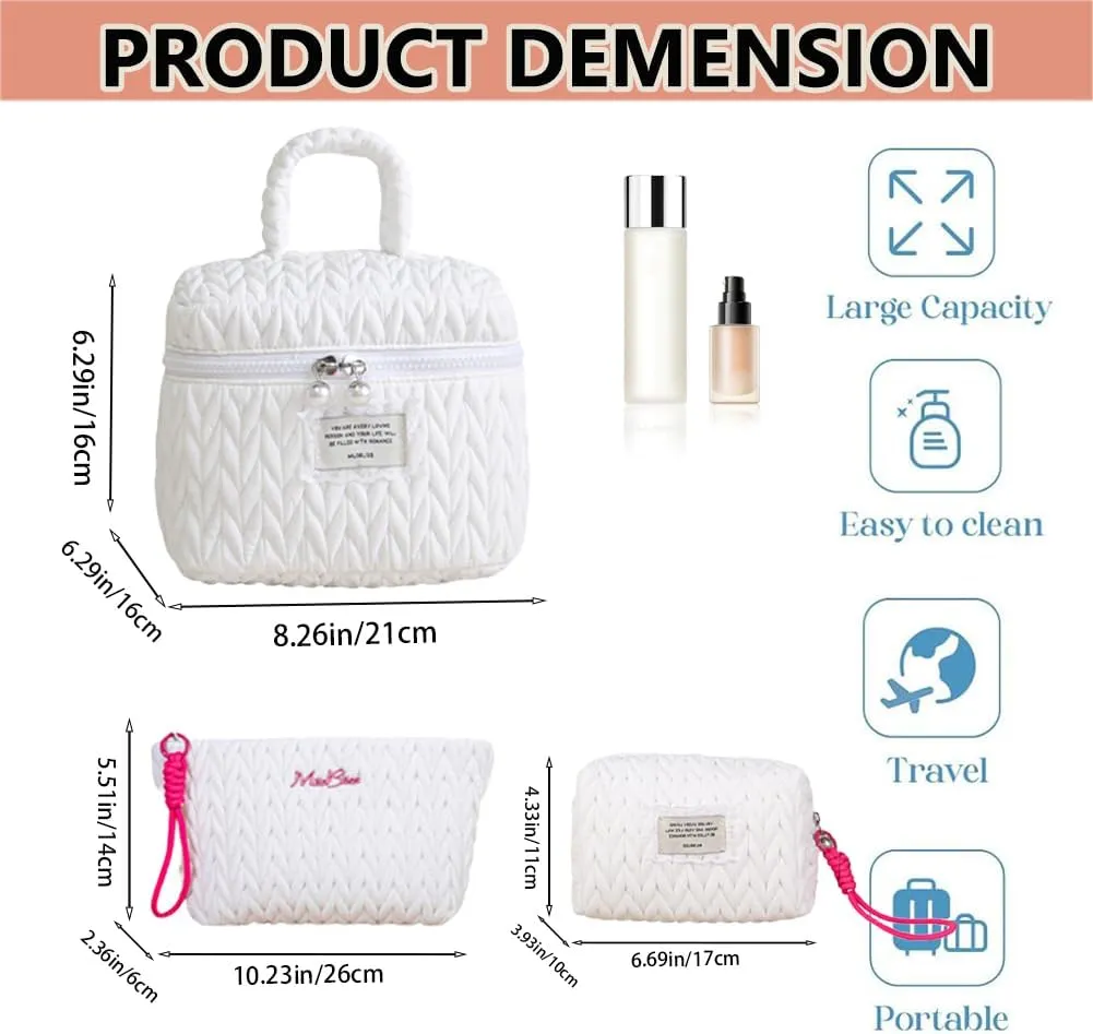 Quilted Makeup Bag Set with Handle, 3 Piece Travel Cosmetic Organizer, Large Capacity Toiletry Cases (White)