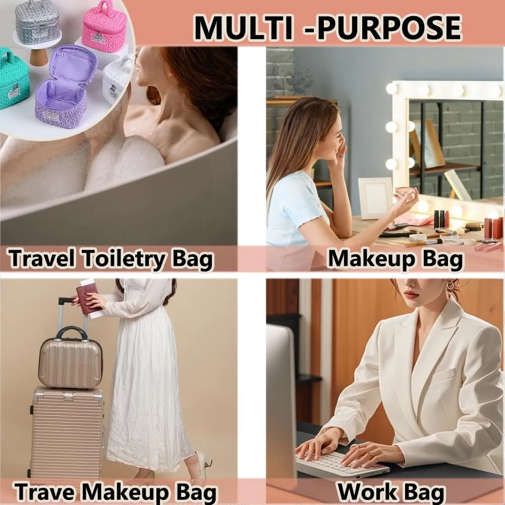 Quilted Makeup Bag Set with Handle, 3 Piece Travel Cosmetic Organizer, Large Capacity Toiletry Cases (White)