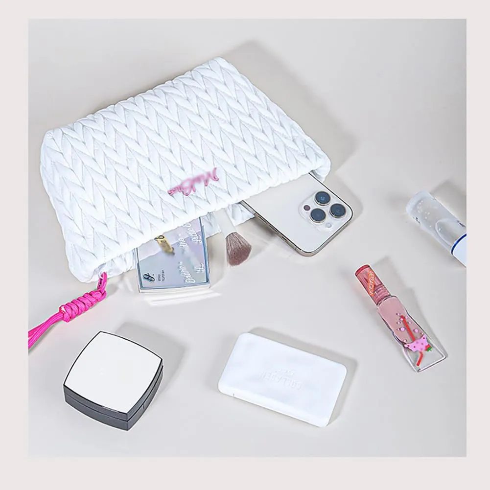 Quilted Makeup Bag Set with Handle, 3 Piece Travel Cosmetic Organizer, Large Capacity Toiletry Cases (White)