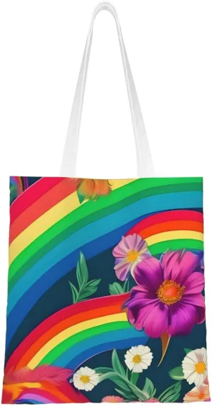Rainbow Flowers Print Canvas Tote Bag Reusable Shoulder Shopping Bags For Daily Use Shopping Travel