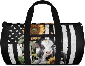 Rchsmod Cow Sunflower Print Gym Bag for Men Women American Flag Pattern folding Sports Duffel Bag with Adjustable Strap Overnight Weekender Bag Zipper Sports Equipment Bag Portable Garment Bags