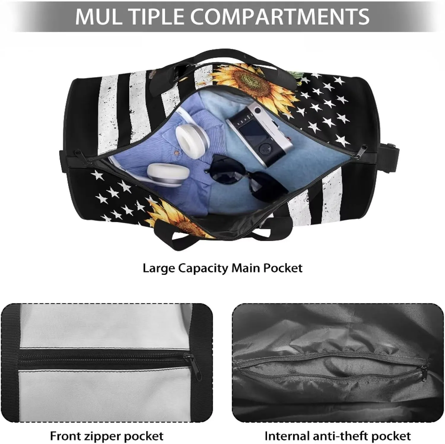 Rchsmod Cow Sunflower Print Gym Bag for Men Women American Flag Pattern folding Sports Duffel Bag with Adjustable Strap Overnight Weekender Bag Zipper Sports Equipment Bag Portable Garment Bags