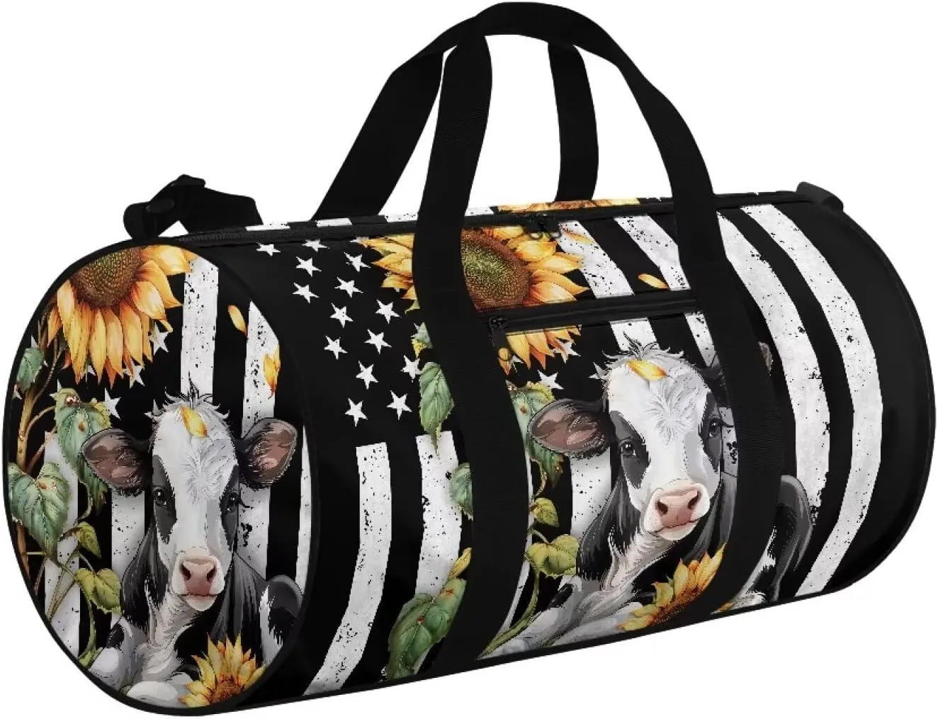 Rchsmod Cow Sunflower Print Gym Bag for Men Women American Flag Pattern folding Sports Duffel Bag with Adjustable Strap Overnight Weekender Bag Zipper Sports Equipment Bag Portable Garment Bags