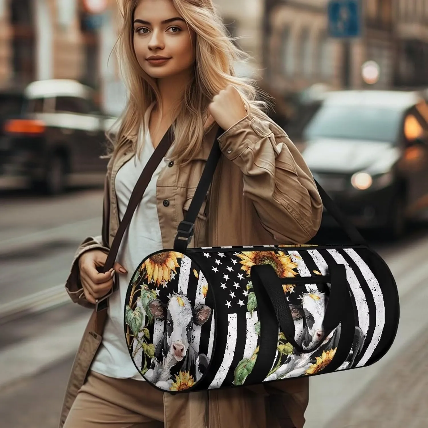 Rchsmod Cow Sunflower Print Gym Bag for Men Women American Flag Pattern folding Sports Duffel Bag with Adjustable Strap Overnight Weekender Bag Zipper Sports Equipment Bag Portable Garment Bags