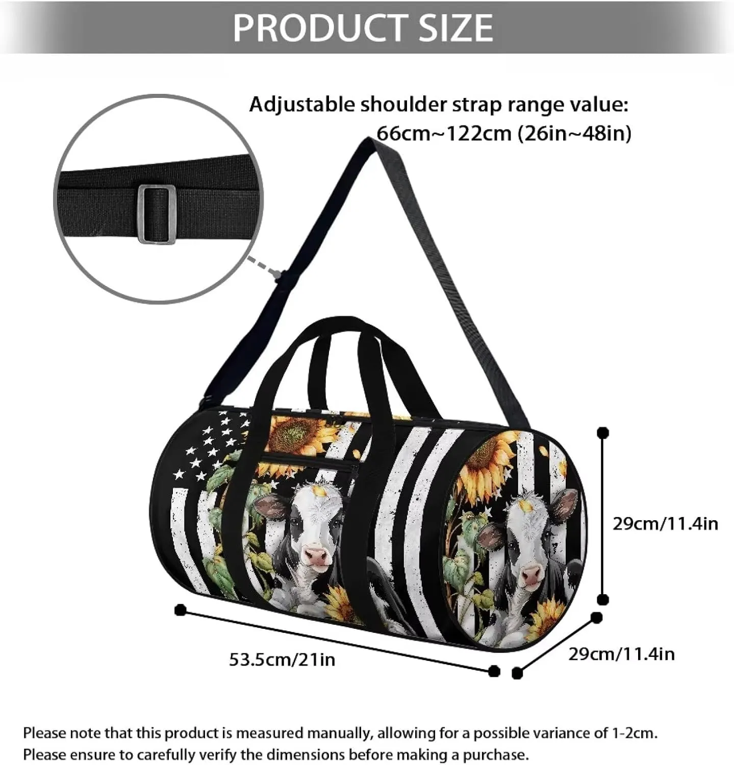 Rchsmod Cow Sunflower Print Gym Bag for Men Women American Flag Pattern folding Sports Duffel Bag with Adjustable Strap Overnight Weekender Bag Zipper Sports Equipment Bag Portable Garment Bags