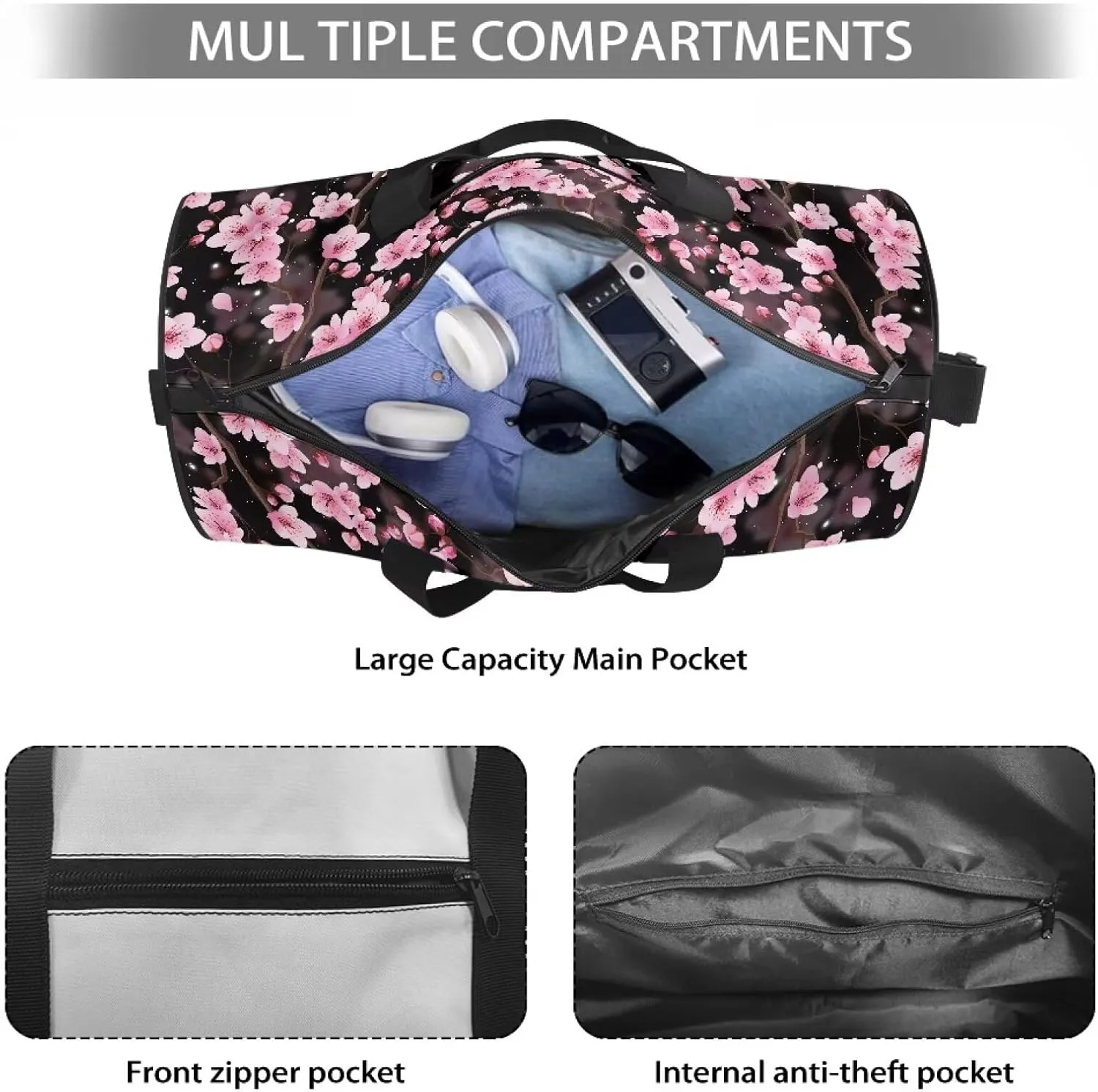 Rchsmod Hummingbird Cherry Blossom Print Duffel Bag for Women Tear Resistant Gym Duffel Bag Waterproof Travel Bag with Front Zipper Pocket Collapsible Shoulder Bag Swim Bag for Yoga Basketball