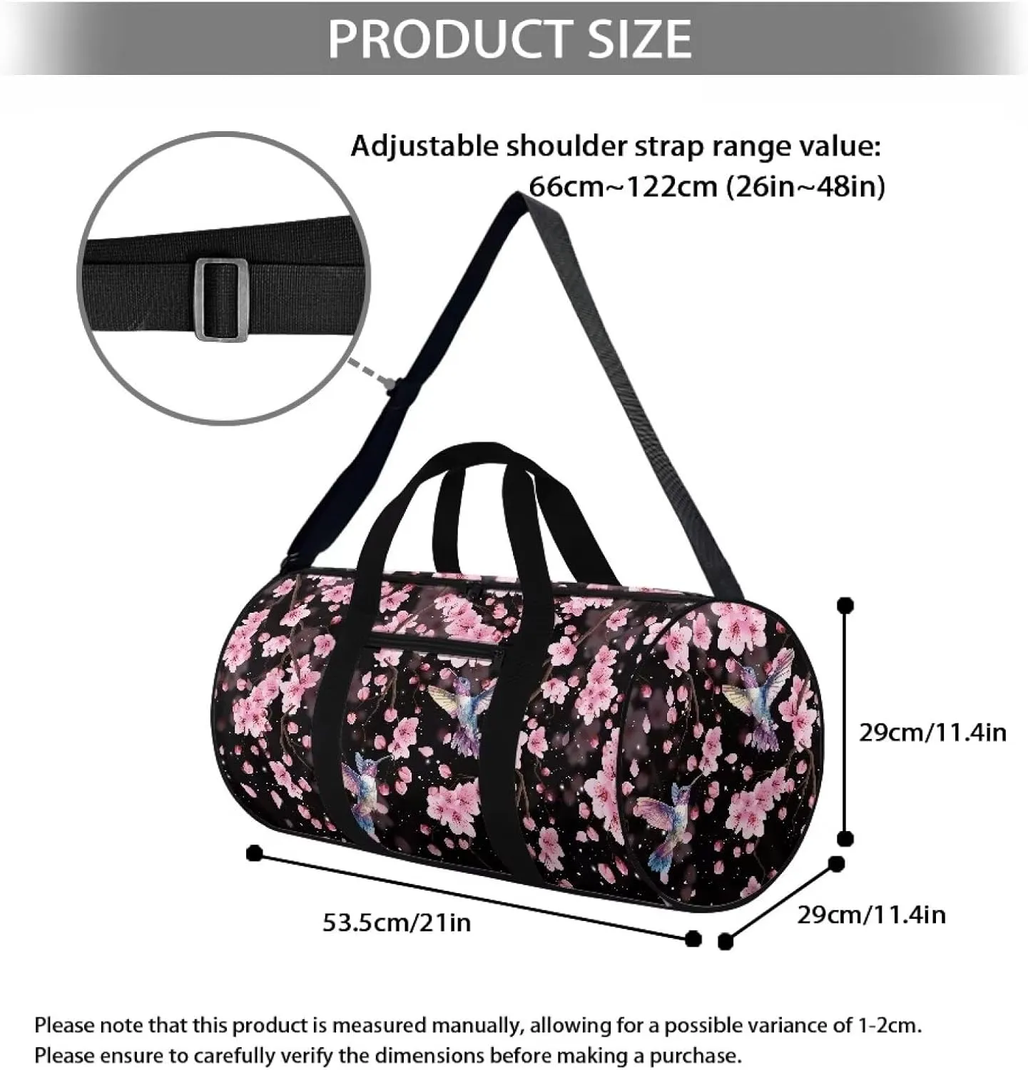 Rchsmod Hummingbird Cherry Blossom Print Duffel Bag for Women Tear Resistant Gym Duffel Bag Waterproof Travel Bag with Front Zipper Pocket Collapsible Shoulder Bag Swim Bag for Yoga Basketball