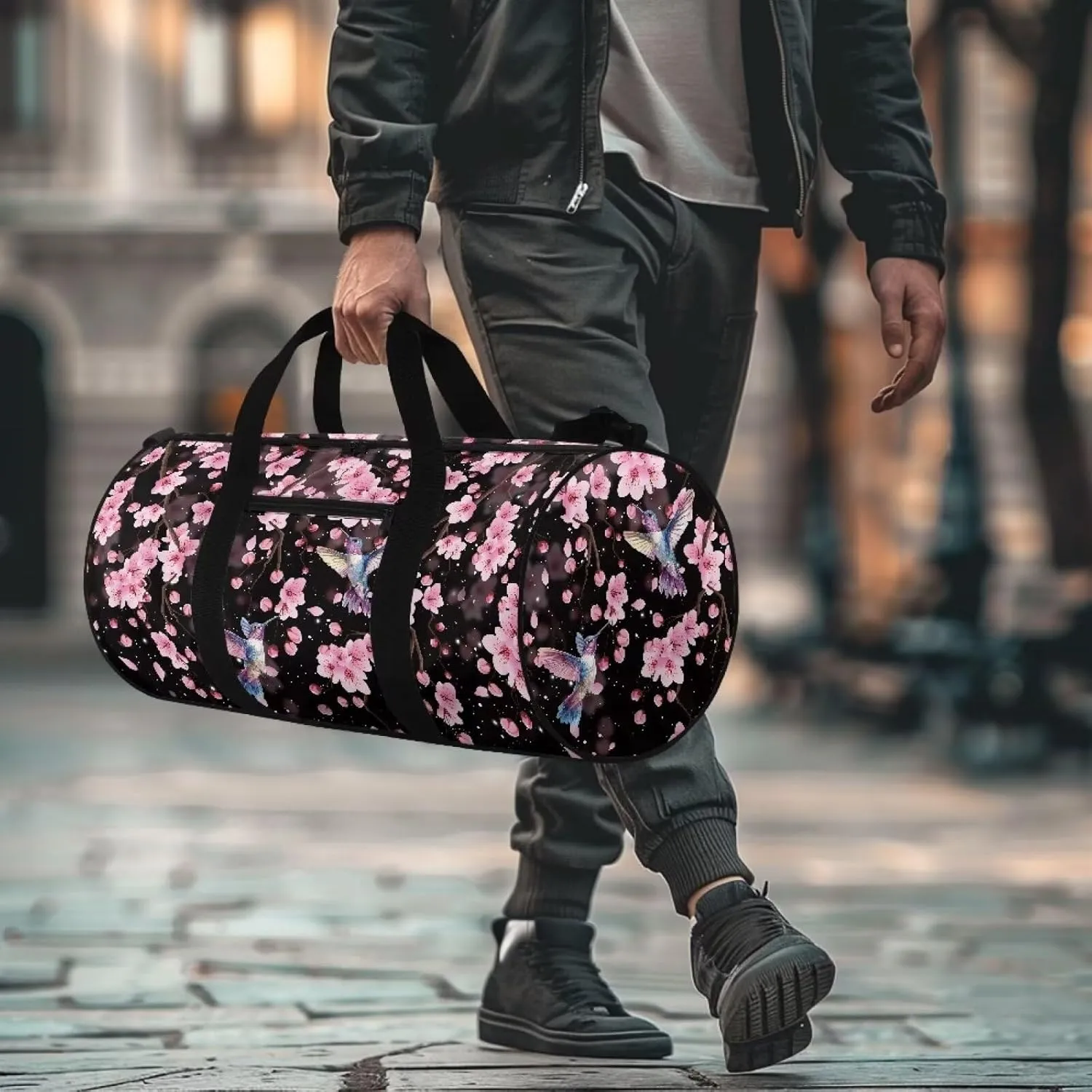 Rchsmod Hummingbird Cherry Blossom Print Duffel Bag for Women Tear Resistant Gym Duffel Bag Waterproof Travel Bag with Front Zipper Pocket Collapsible Shoulder Bag Swim Bag for Yoga Basketball