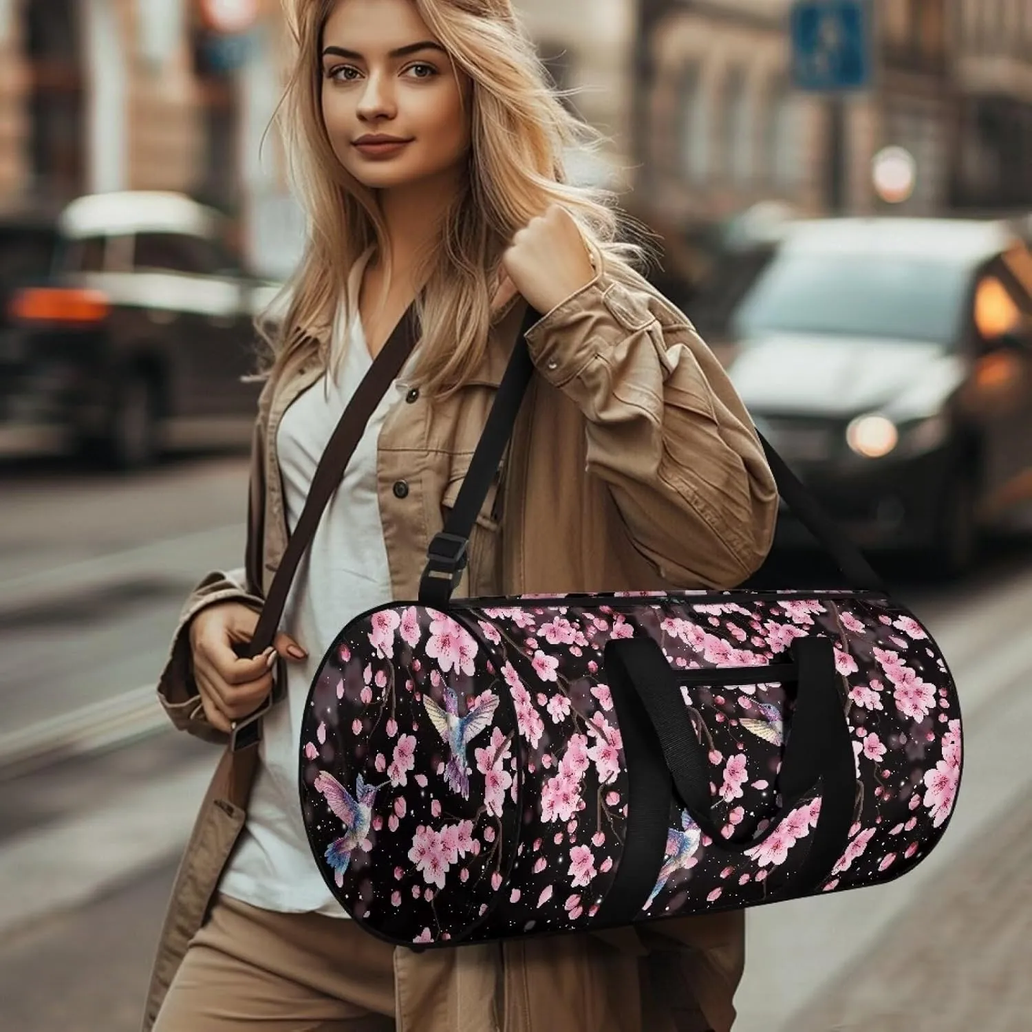 Rchsmod Hummingbird Cherry Blossom Print Duffel Bag for Women Tear Resistant Gym Duffel Bag Waterproof Travel Bag with Front Zipper Pocket Collapsible Shoulder Bag Swim Bag for Yoga Basketball
