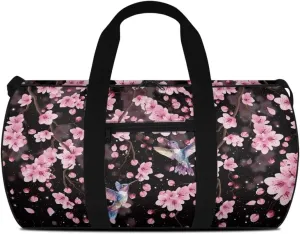 Rchsmod Hummingbird Cherry Blossom Print Duffel Bag for Women Tear Resistant Gym Duffel Bag Waterproof Travel Bag with Front Zipper Pocket Collapsible Shoulder Bag Swim Bag for Yoga Basketball